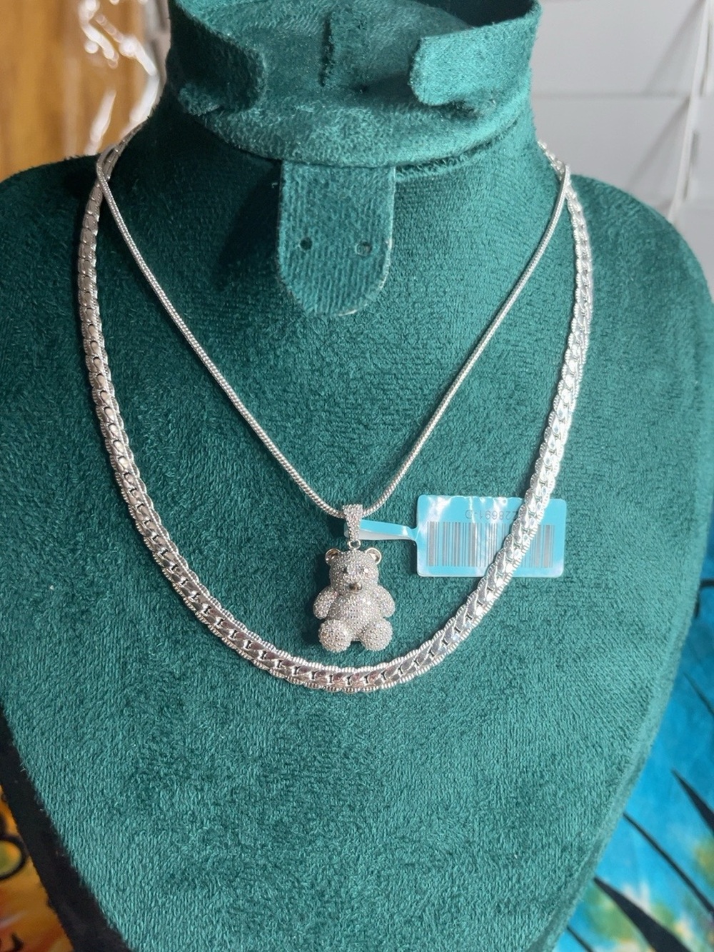 4-Piece 925 Sterling Silver Moissanite Teddy Bear Necklace & Cub Earring Set